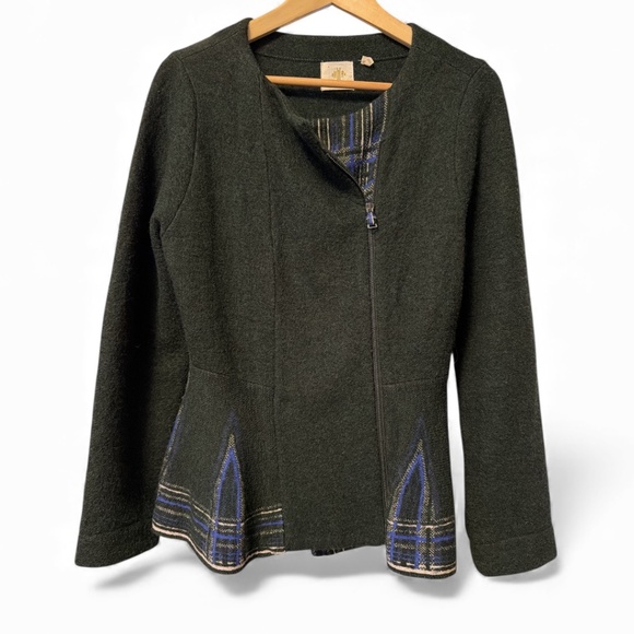 HWR Monogram Anthropologie Zip Peplum Sweater Dark Green Grey Plaid Medium - Picture 1 of 4